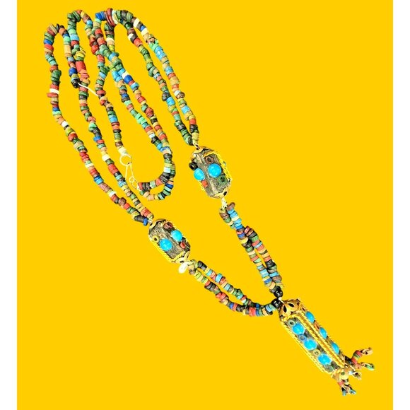 Vintage Bohemian Multicolor Beaded Necklace With Turquoise Accents 24" HS187 - Picture 8 of 8